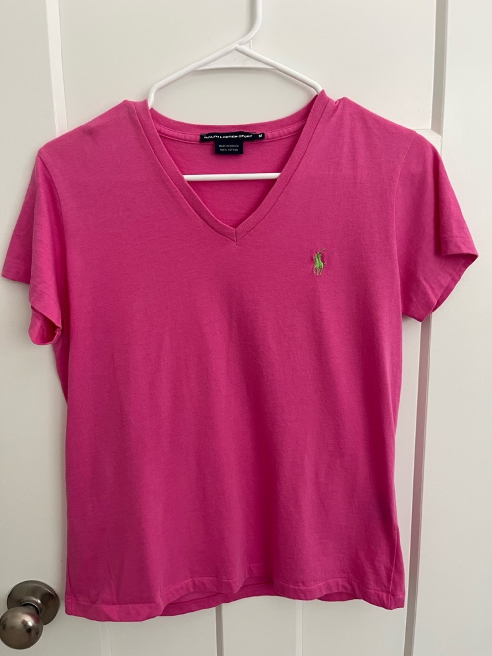Ralph Lauren Sport Pink V Neck Tee Shirt Pony Logo Short Sleeve Cotton Top M
